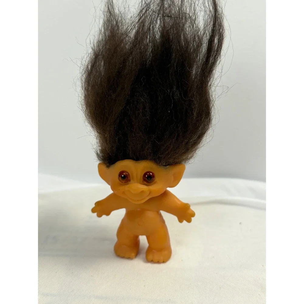Vintage 1964 Dam Troll Doll Amber Glass Eyes Dark Brown Hair 3 inch Figure